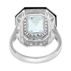 Art Deco Style Emerald Cut Blue Aquamarine & Diamond Onyx 14K White Gold Ring