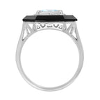 Art Deco Style Emerald Cut Blue Aquamarine & Diamond Onyx 14K White Gold Ring