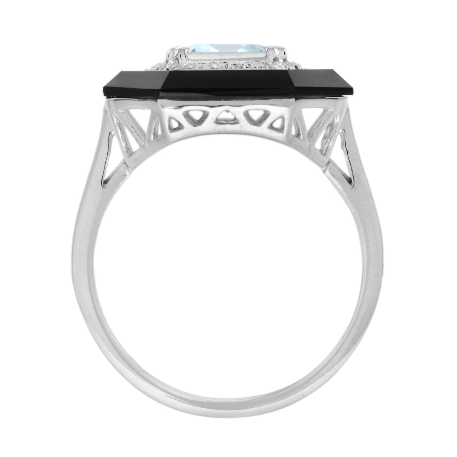 Art Deco Style Emerald Cut Blue Aquamarine &amp; Diamond Onyx 14K White Gold Ring