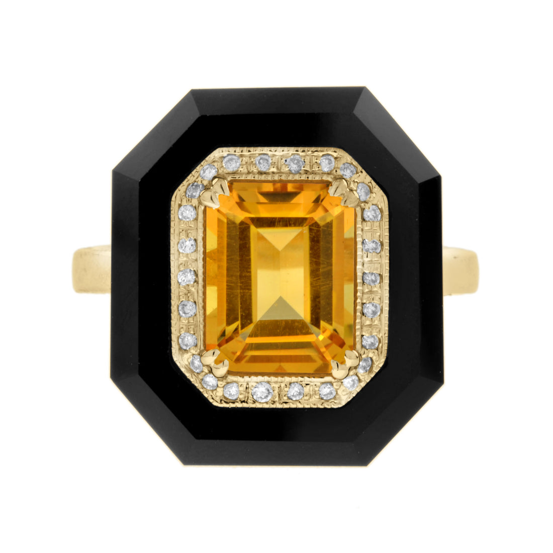 Orange Citrine & Diamond and Black Onyx Art Deco Style 14K Yellow Gold Ring
