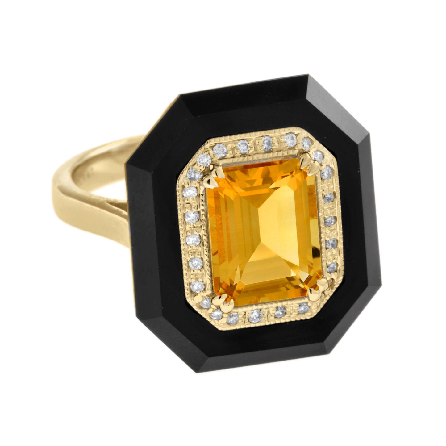 orange citrine & diamond and black onyx art deco style 14k yellow gold ring