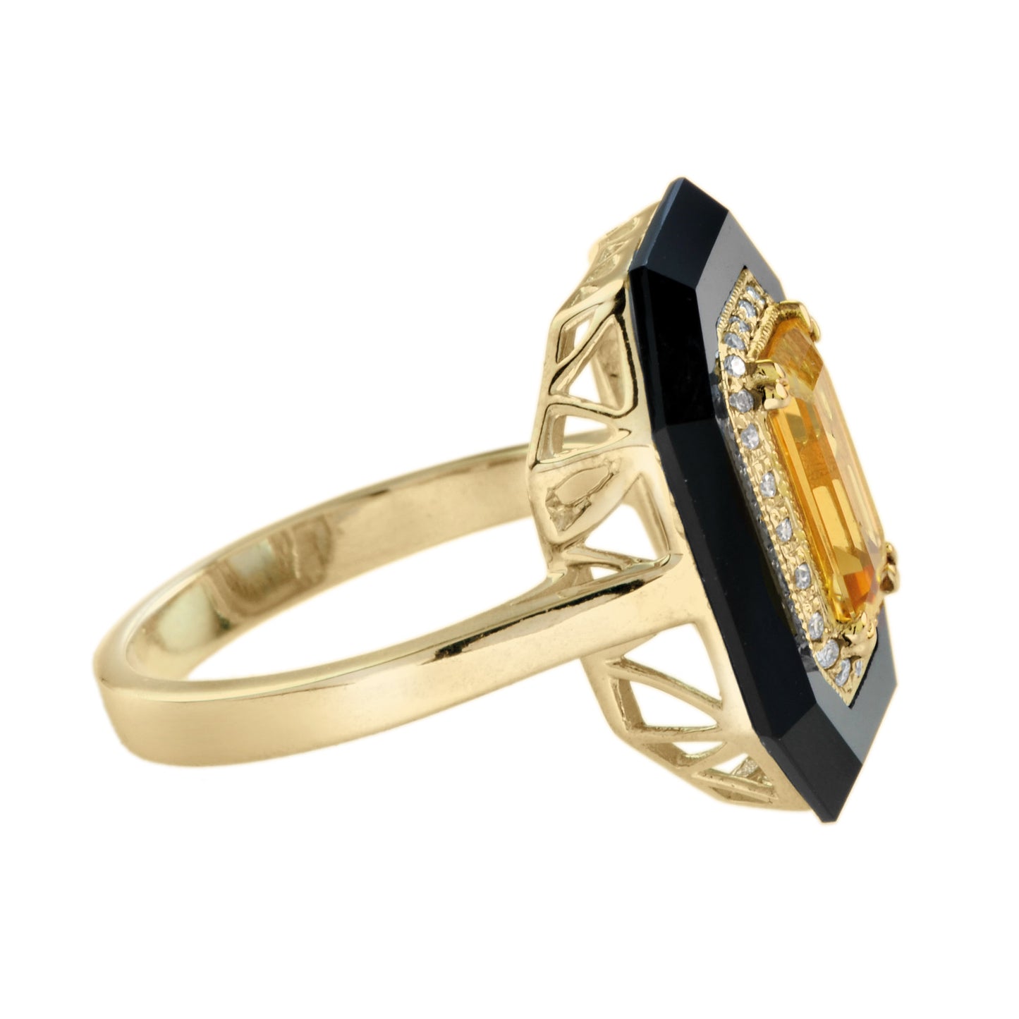 orange citrine & diamond and black onyx art deco style 14k yellow gold ring