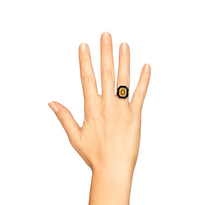 Orange Citrine & Diamond and Black Onyx Art Deco Style 14K Yellow Gold Ring