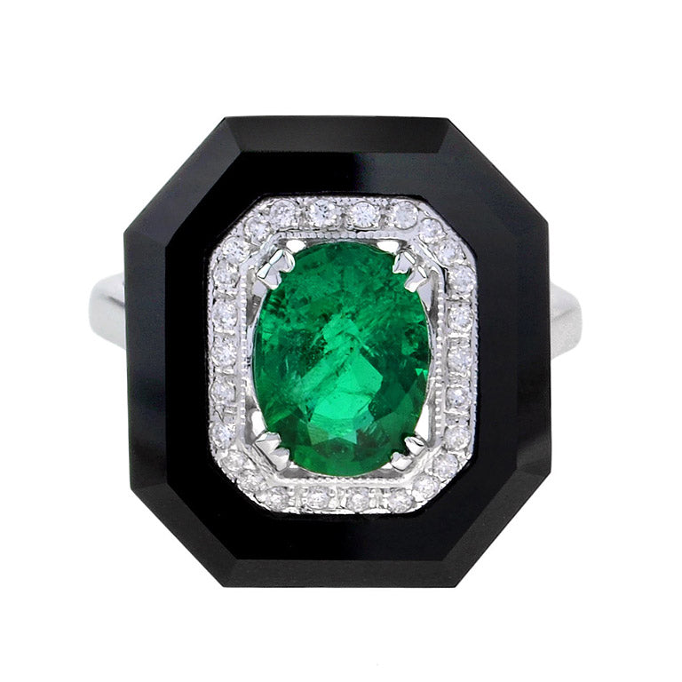 art deco style green zambian emerald & diamond black onyx white gold shield ring