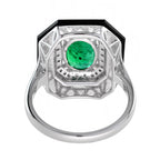 Art Deco Style Green Zambian Emerald & Diamond Black Onyx White Gold Shield Ring