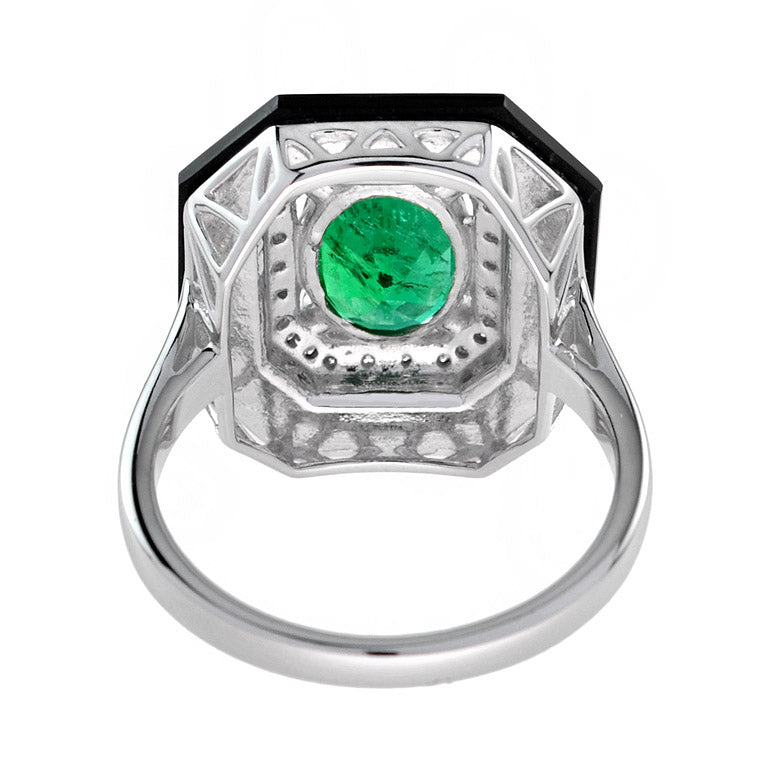 Art Deco Style Green Zambian Emerald & Diamond Black Onyx White Gold Shield Ring