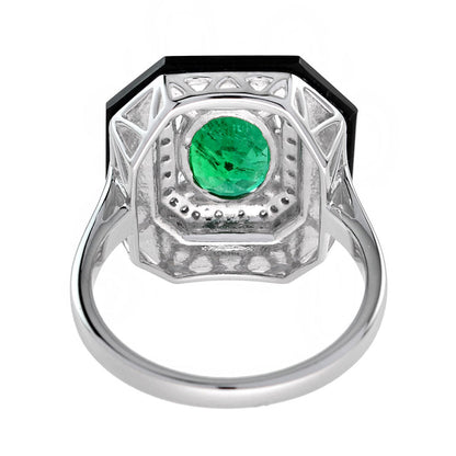 Art Deco Style Green Zambian Emerald & Diamond Black Onyx White Gold Shield Ring