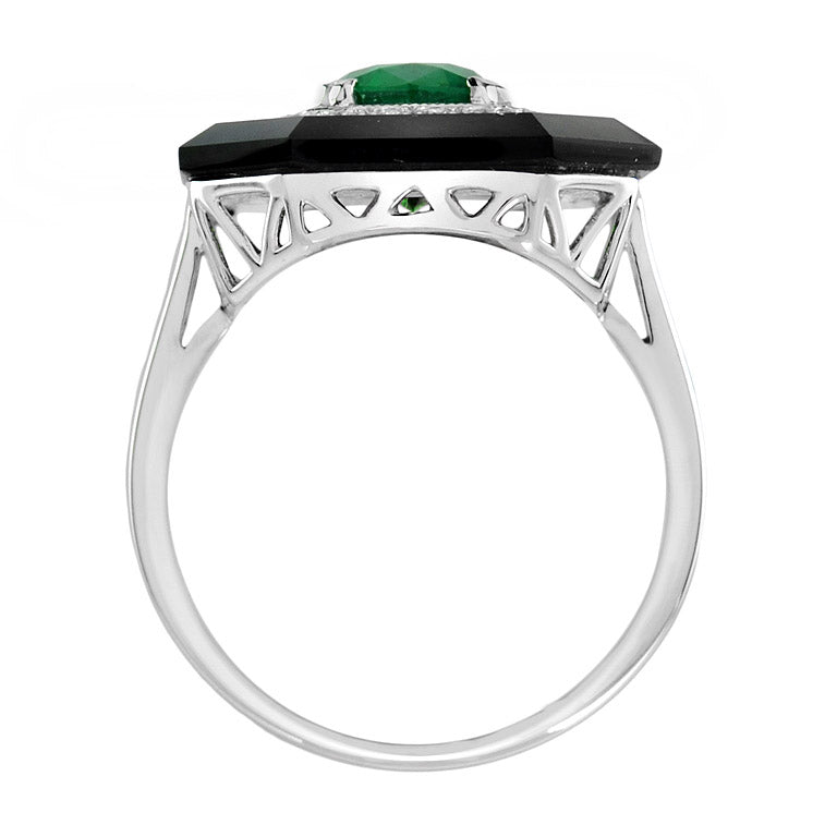 Art Deco Style Green Zambian Emerald & Diamond Black Onyx White Gold Shield Ring