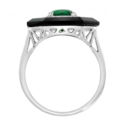 Art Deco Style Green Zambian Emerald & Diamond Black Onyx White Gold Shield Ring