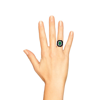 Art Deco Style Green Zambian Emerald & Diamond Black Onyx White Gold Shield Ring