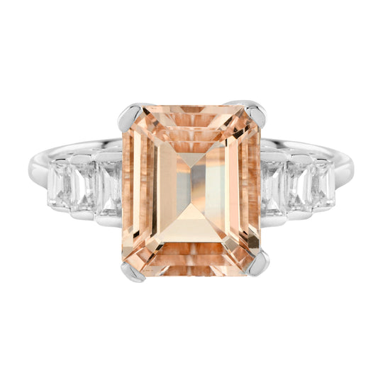Emerald Cut Peach Orange Morganite & Baguette Diamond Solitaire White Gold Ring