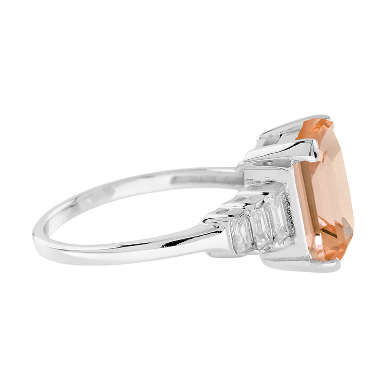 Emerald Cut Peach Orange Morganite & Baguette Diamond Solitaire White Gold Ring