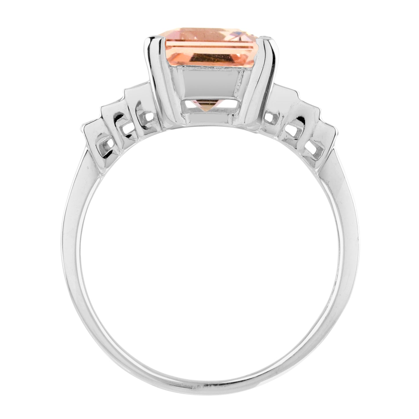 emerald cut peach orange morganite & baguette diamond solitaire white gold ring
