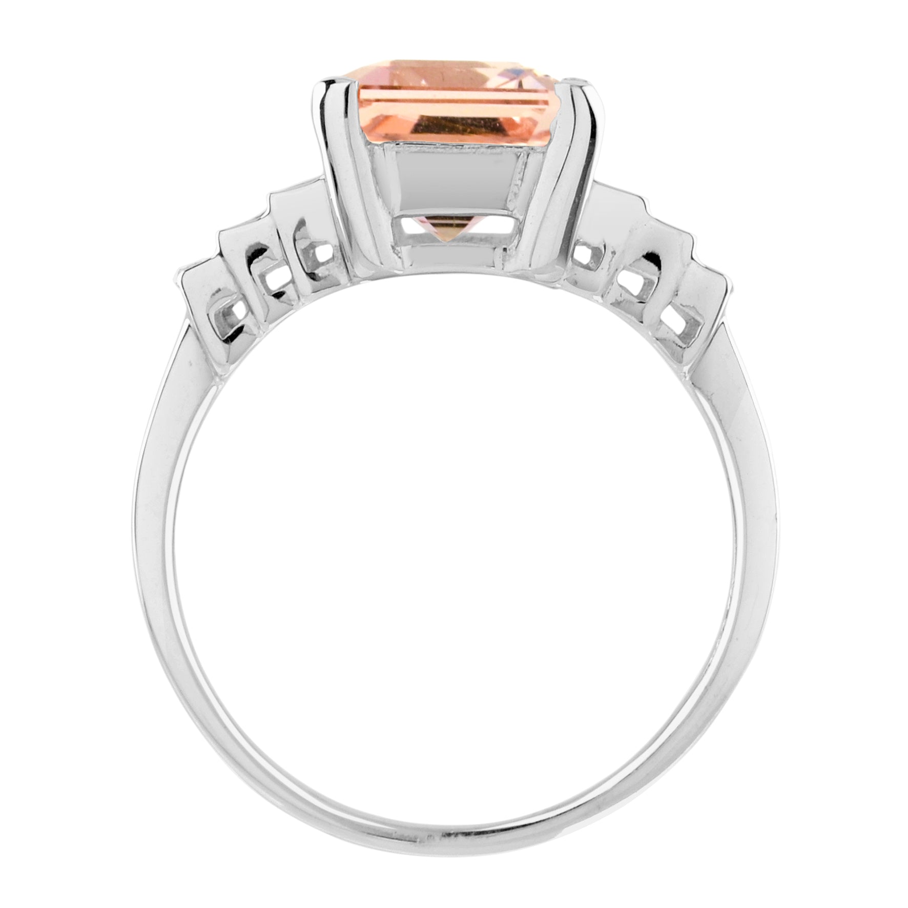 Emerald Cut Peach Orange Morganite & Baguette Diamond Solitaire White Gold Ring