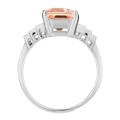 Emerald Cut Peach Orange Morganite & Baguette Diamond Solitaire White Gold Ring
