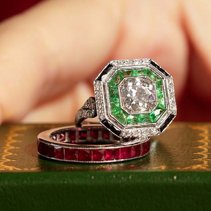 Old Cut GIA Diamond Green Emerald Onyx Octagonal Engagement 18K White Gold Ring