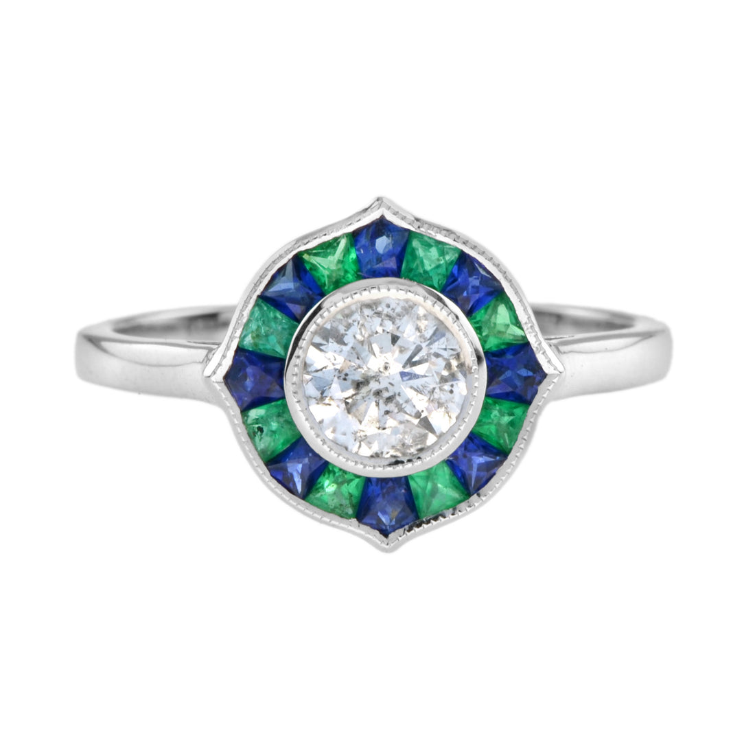 Round Diamond with Emerald & Sapphire Art Deco Style Mosaic White Gold Ring