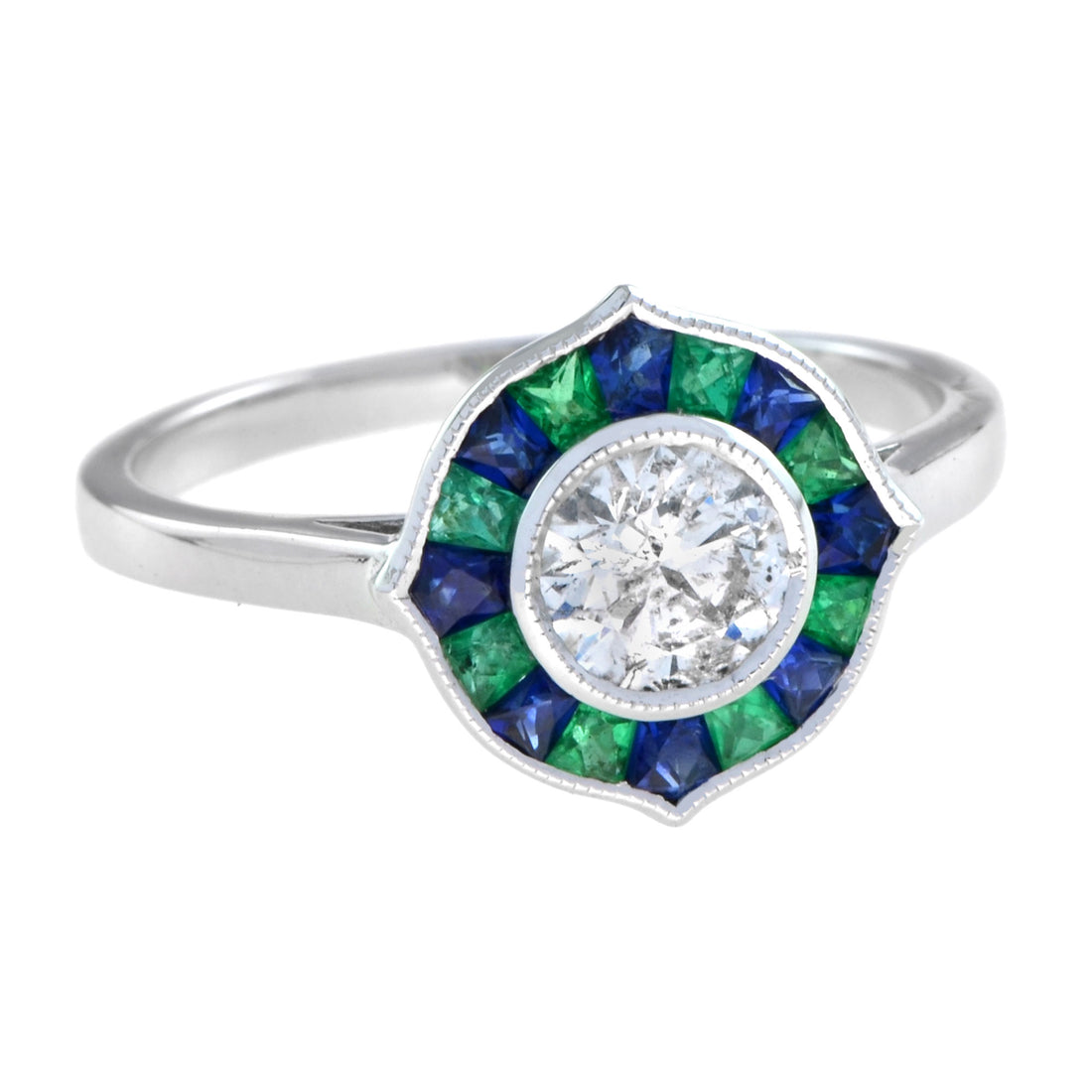 Round Diamond with Emerald &amp; Sapphire Art Deco Style Mosaic White Gold Ring