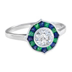 Round Diamond with Emerald & Sapphire Art Deco Style Mosaic White Gold Ring