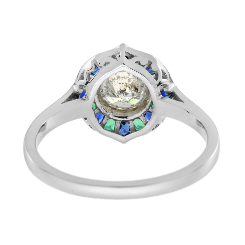 Round Diamond with Emerald & Sapphire Art Deco Style Mosaic White Gold Ring