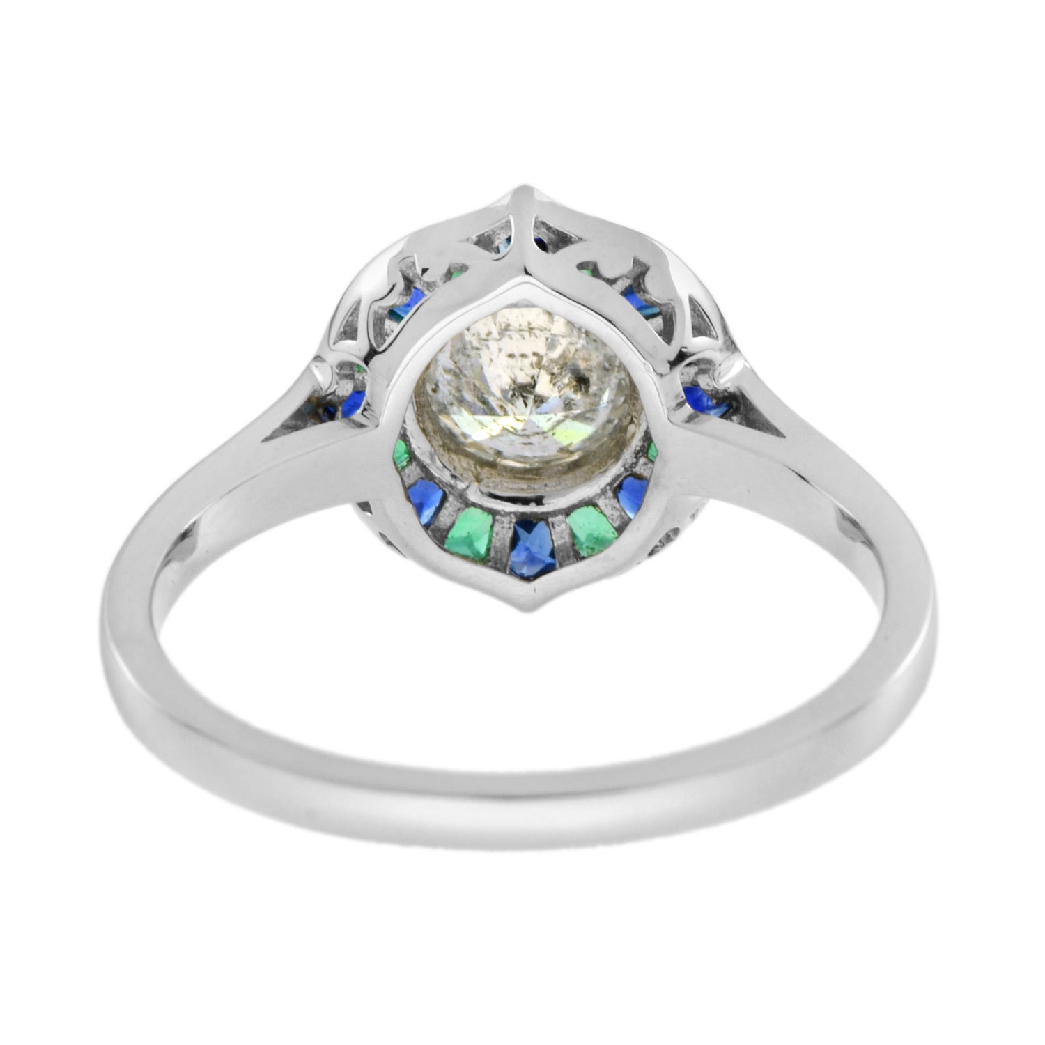 Round Diamond with Emerald &amp; Sapphire Art Deco Style Mosaic White Gold Ring