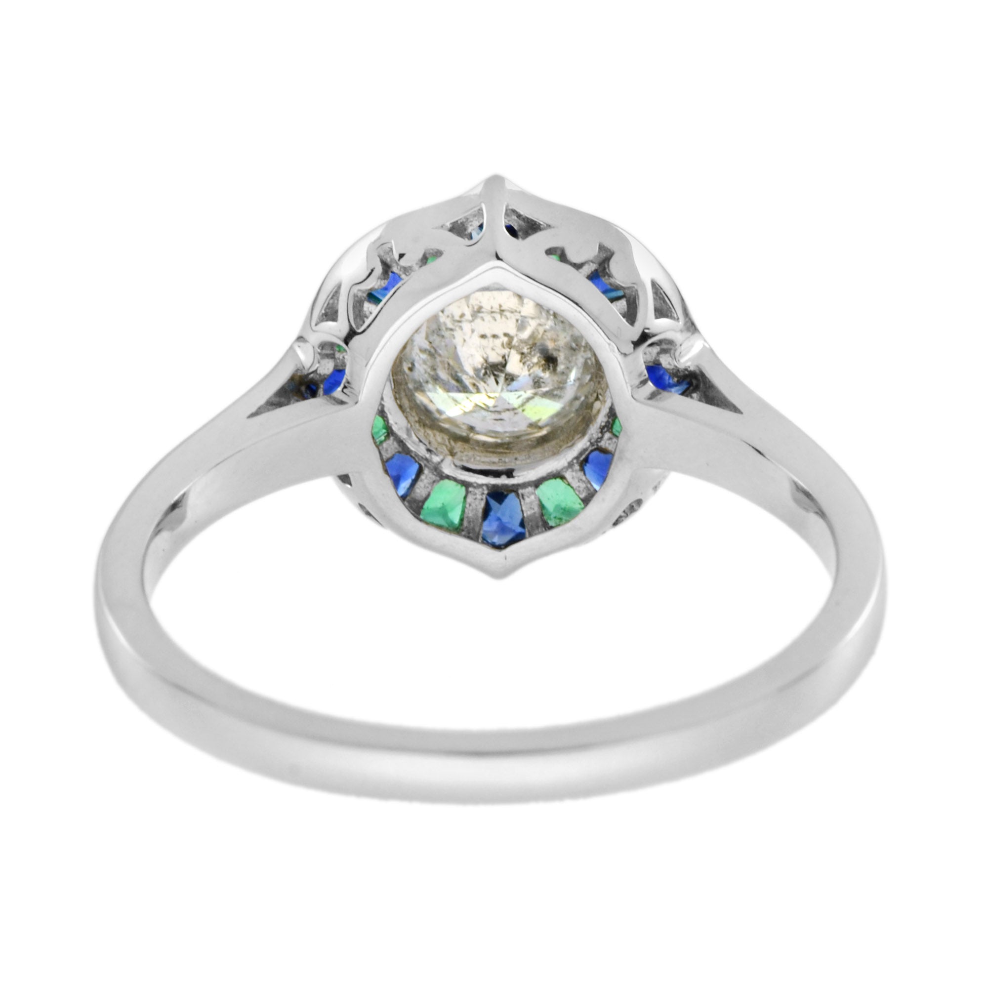 Round Diamond with Emerald &amp; Sapphire Art Deco Style Mosaic White Gold Ring