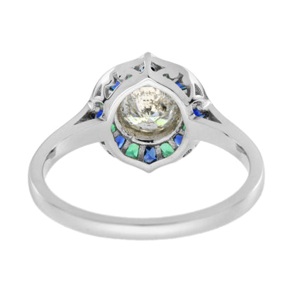 Round Diamond with Emerald &amp; Sapphire Art Deco Style Mosaic White Gold Ring