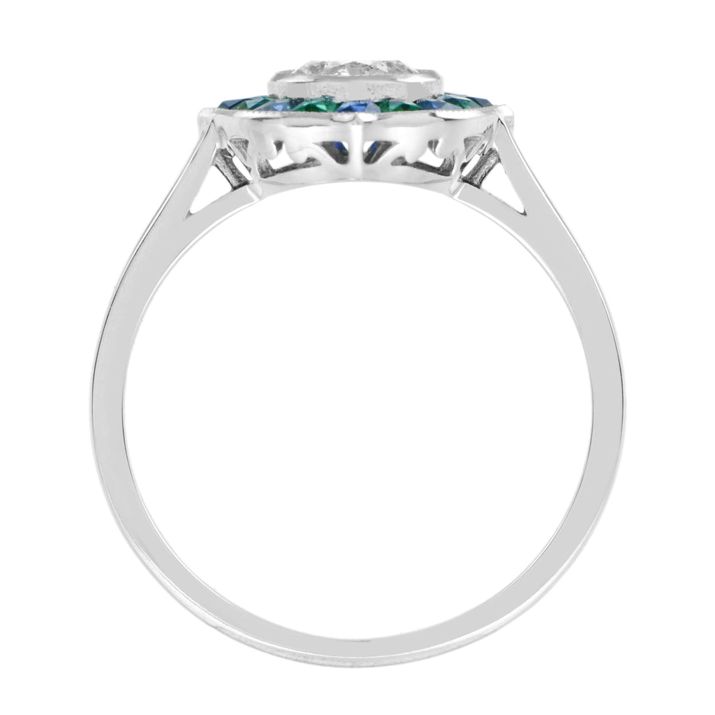 Round Diamond with Emerald & Sapphire Art Deco Style Mosaic White Gold Ring