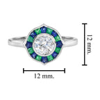 Round Diamond with Emerald & Sapphire Art Deco Style Mosaic White Gold Ring