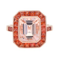Emerald Cut Peach Pink Morganite & Orange Sapphire Halo 18K Rose Gold Ring