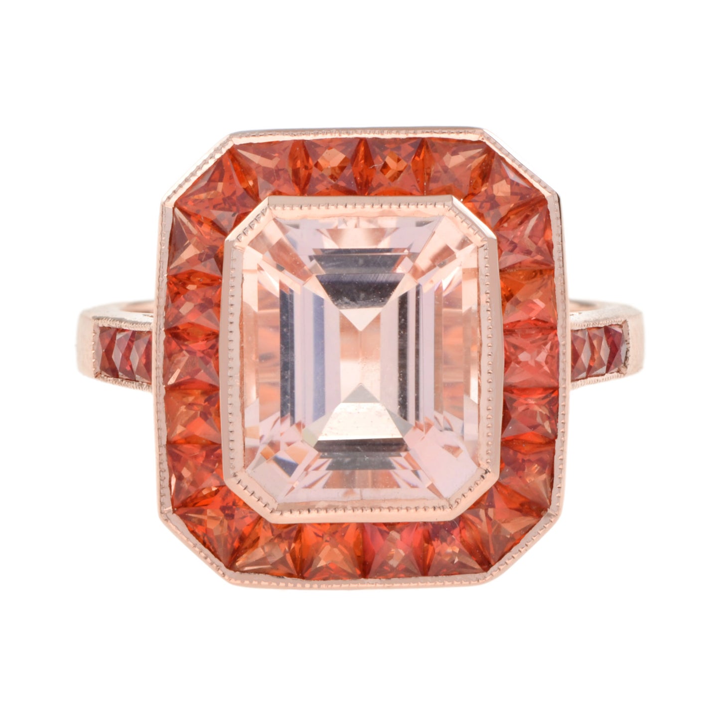 emerald cut peach pink morganite & orange sapphire halo 18k rose gold ring