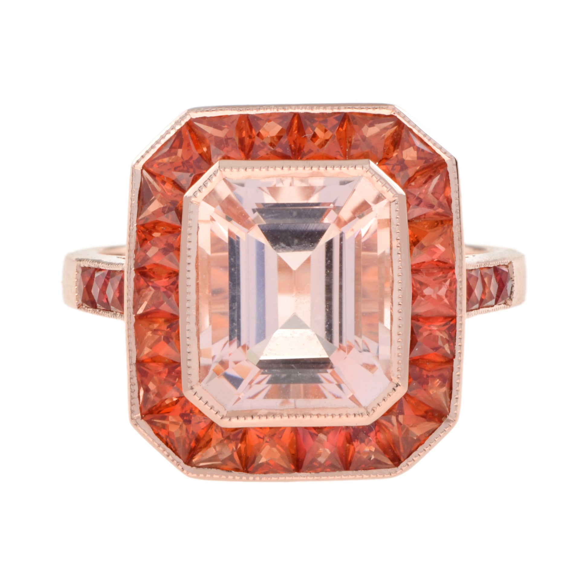 Emerald Cut Peach Pink Morganite & Orange Sapphire Halo 18K Rose Gold Ring