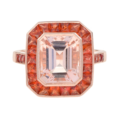 Emerald Cut Peach Pink Morganite & Orange Sapphire Halo 18K Rose Gold Ring