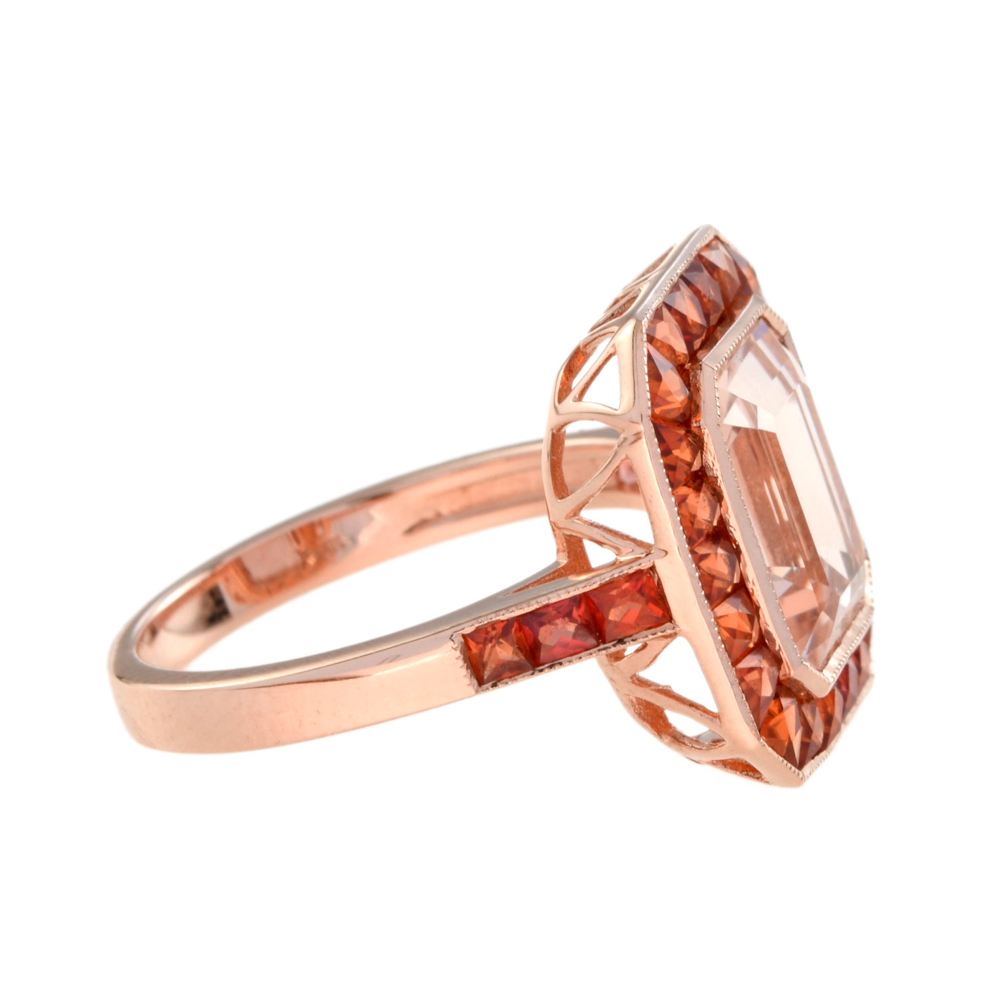 Emerald Cut Peach Pink Morganite & Orange Sapphire Halo 18K Rose Gold Ring