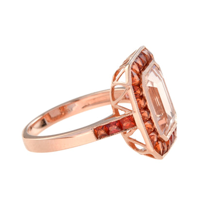 Emerald Cut Peach Pink Morganite & Orange Sapphire Halo 18K Rose Gold Ring