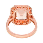 Emerald Cut Peach Pink Morganite & Orange Sapphire Halo 18K Rose Gold Ring