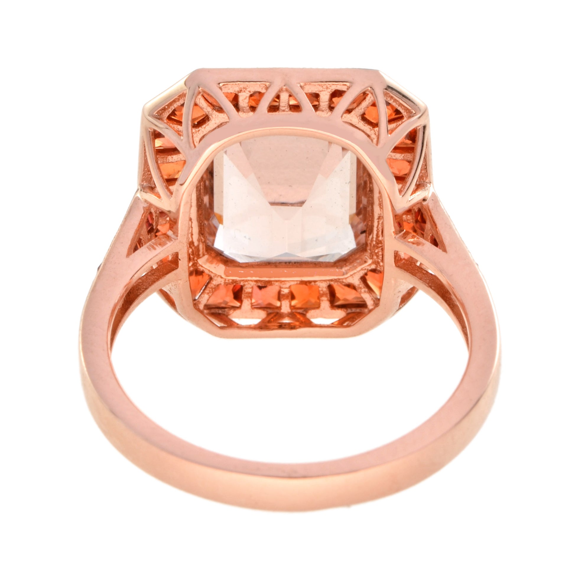 Emerald Cut Peach Pink Morganite & Orange Sapphire Halo 18K Rose Gold Ring