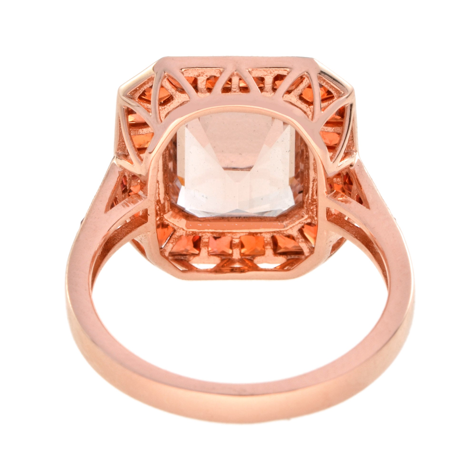Emerald Cut Peach Pink Morganite &amp; Orange Sapphire Halo 18K Rose Gold Ring