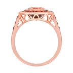 Emerald Cut Peach Pink Morganite & Orange Sapphire Halo 18K Rose Gold Ring