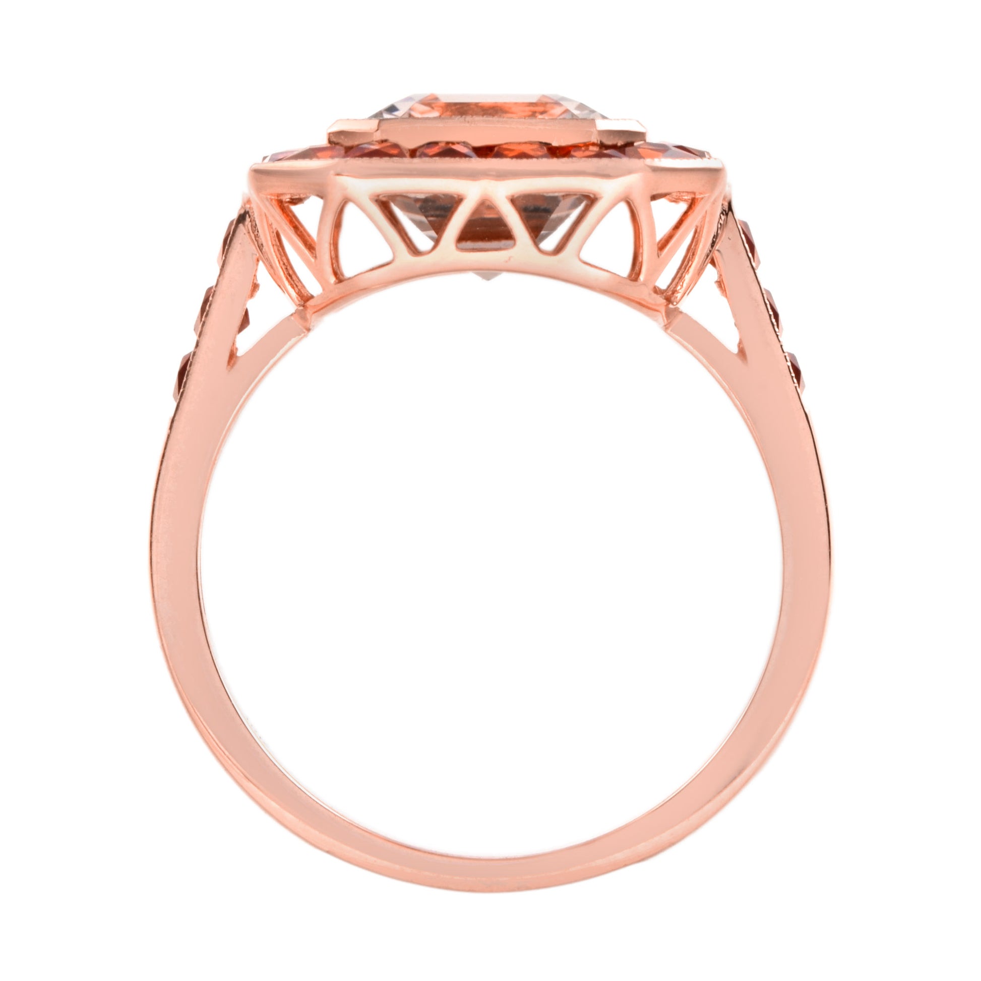 Emerald Cut Peach Pink Morganite & Orange Sapphire Halo 18K Rose Gold Ring