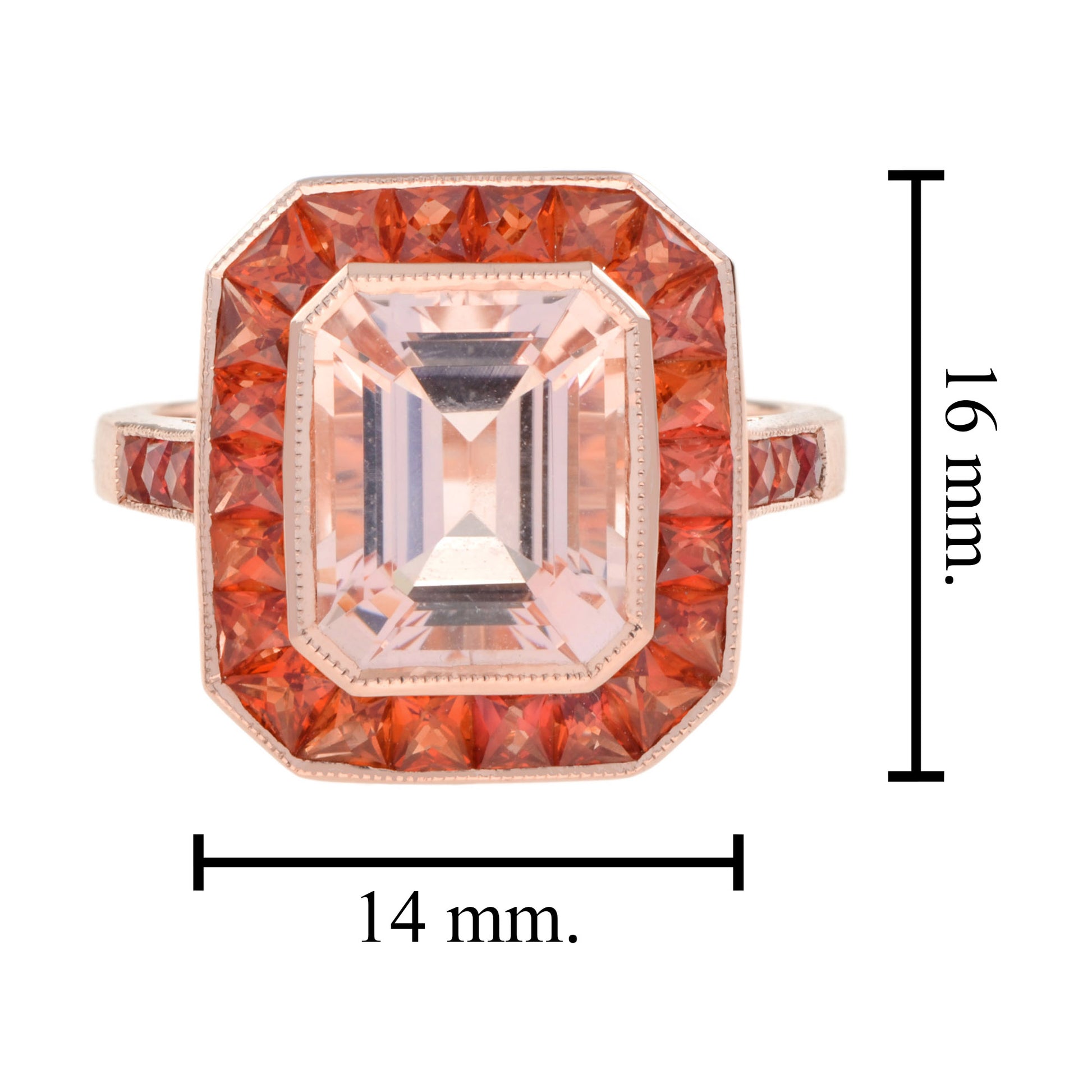Emerald Cut Peach Pink Morganite & Orange Sapphire Halo 18K Rose Gold Ring