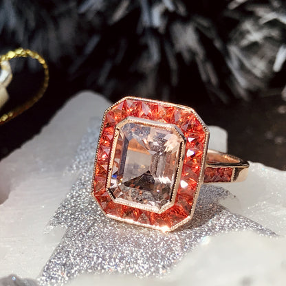 Emerald Cut Peach Pink Morganite & Orange Sapphire Halo 18K Rose Gold Ring