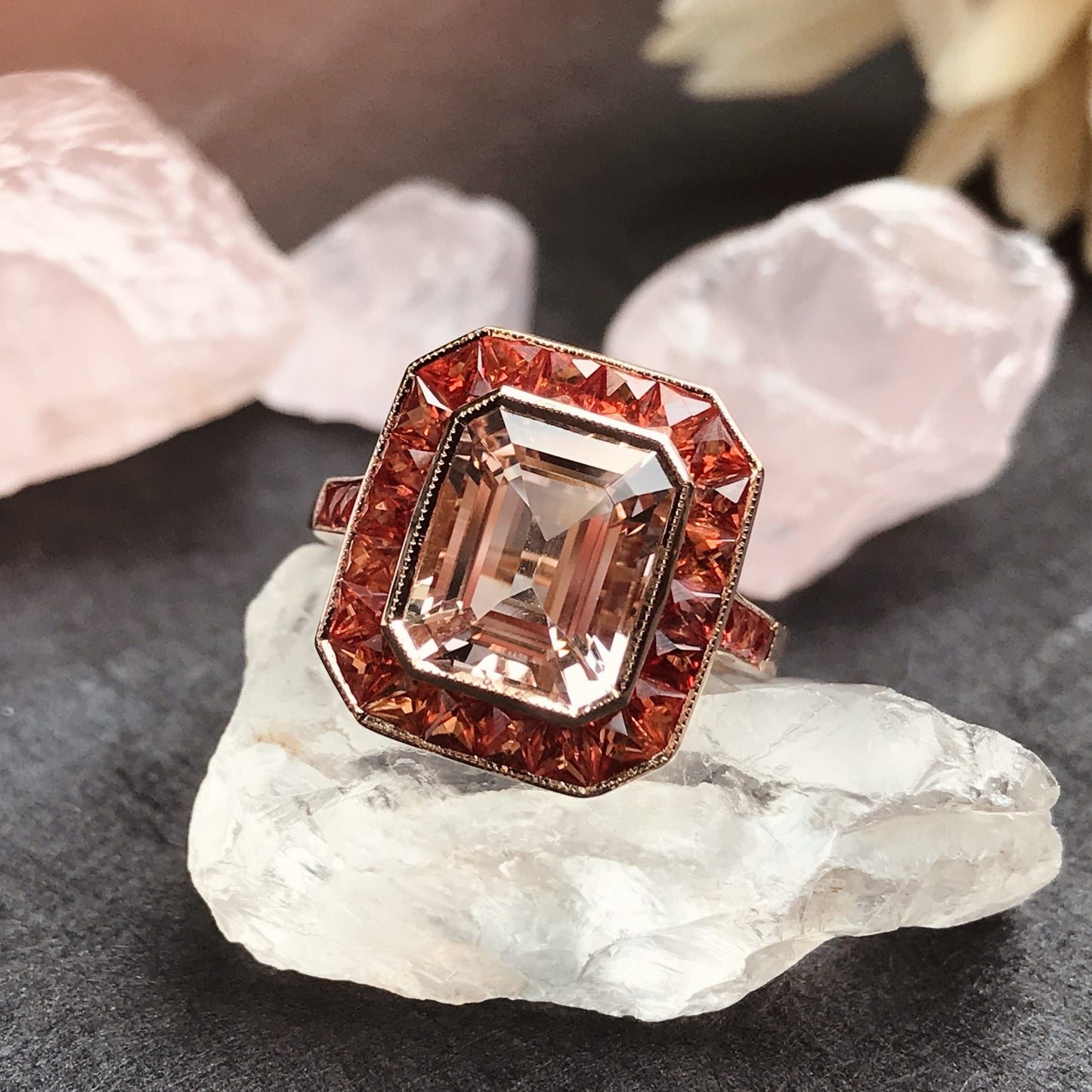 emerald cut peach pink morganite & orange sapphire halo 18k rose gold ring