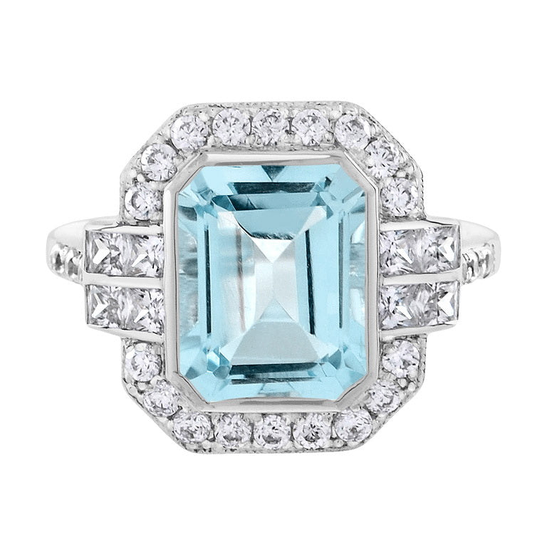 Rectangle Emerald Cut Blue Aquamarine & Diamond Art Deco Style White Gold Ring