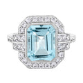 Rectangle Emerald Cut Blue Aquamarine & Diamond Art Deco Style White Gold Ring