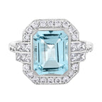 Rectangle Emerald Cut Blue Aquamarine & Diamond Art Deco Style White Gold Ring