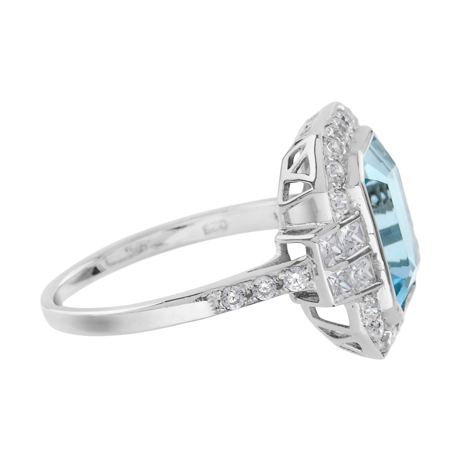 Rectangle Emerald Cut Blue Aquamarine &amp; Diamond Art Deco Style White Gold Ring