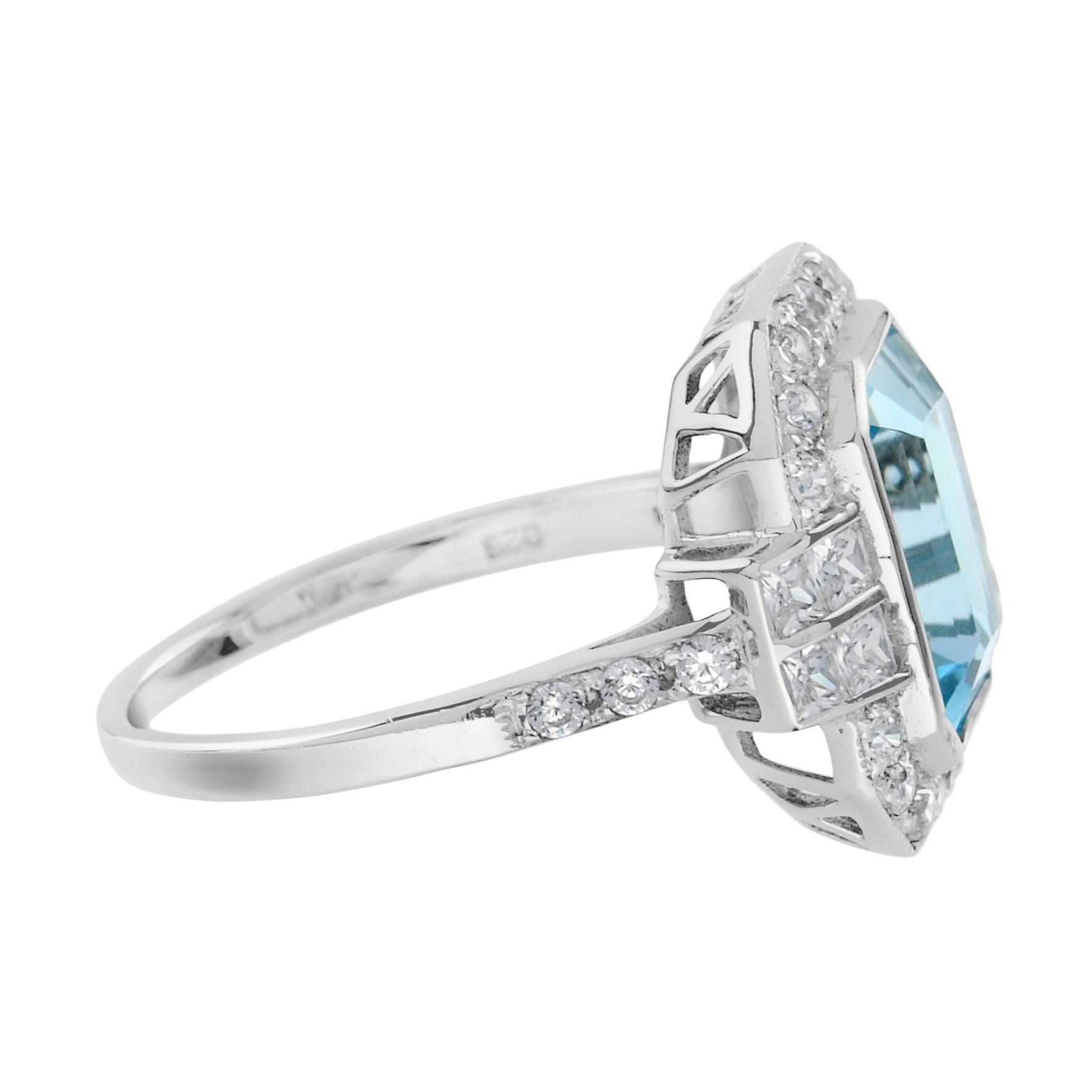 Rectangle Emerald Cut Blue Aquamarine & Diamond Art Deco Style White Gold Ring