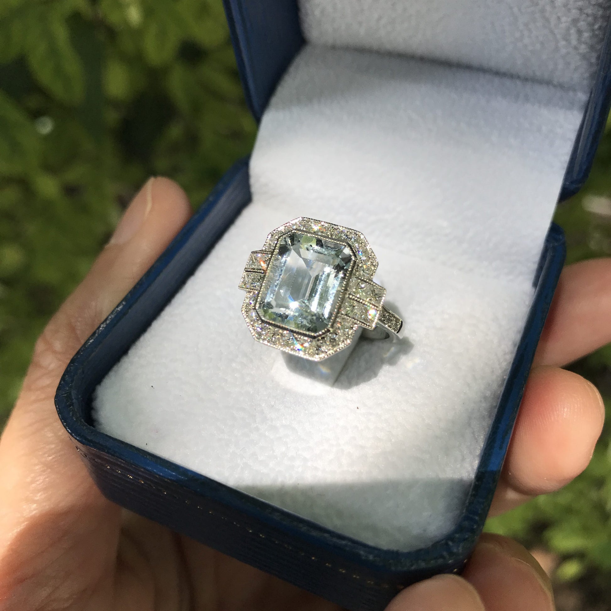 Rectangle Emerald Cut Blue Aquamarine & Diamond Art Deco Style White Gold Ring