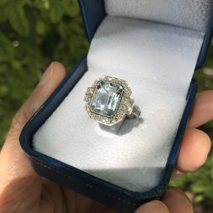 Rectangle Emerald Cut Blue Aquamarine & Diamond Art Deco Style White Gold Ring